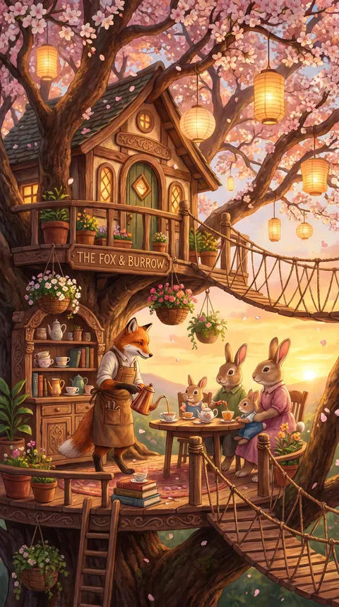 A storybook treehouse cafe with a painted sign, a fox barista and a rabbit family, by Nano Banana Pro