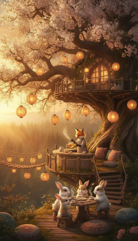 A lantern-lit treehouse deck where a fox pours tea for rabbits, a string of lanterns over the bridge, by Nano Banana