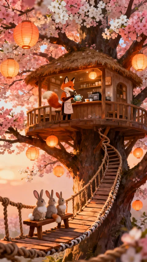 A thatched treehouse cafe with a fox barista and rabbits on a bench by the rope bridge, by Seedream