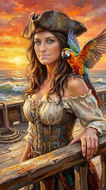 The woman dreamed as a pirate with a parrot at sunset, oil painting