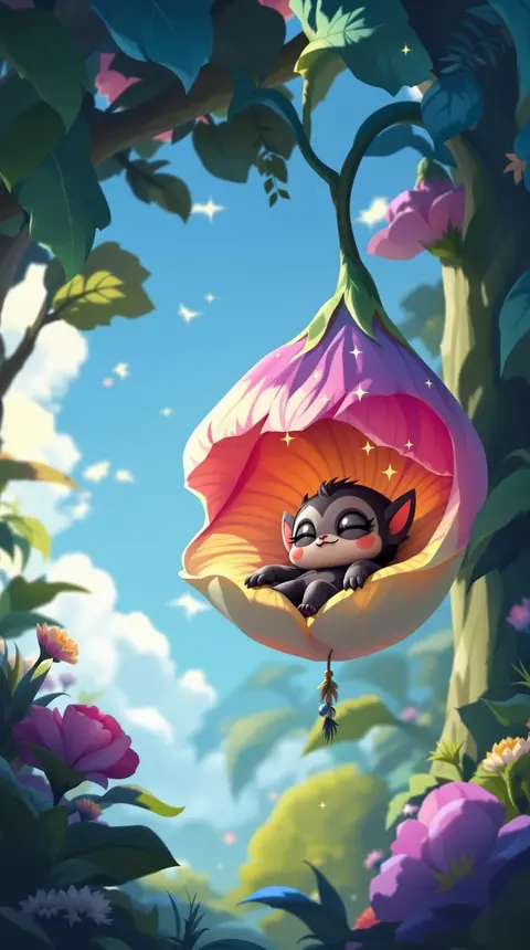 A sleepy baby monkey curled up inside a hanging pink blossom, animated style