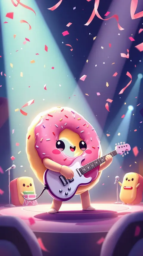 A cute pink donut playing electric guitar on a confetti-filled stage, illustration