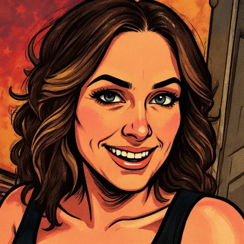 The same woman restyled as a bold comic-book illustration