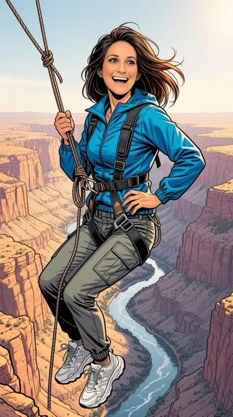 A woman laughing mid-rappel high above a winding canyon river, comic style