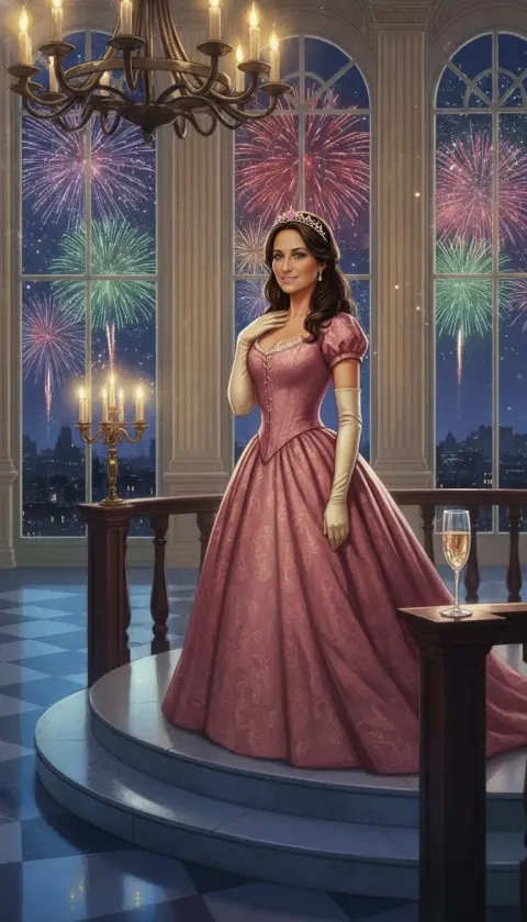 A woman in a rose ball gown and tiara in a palace hall, fireworks outside