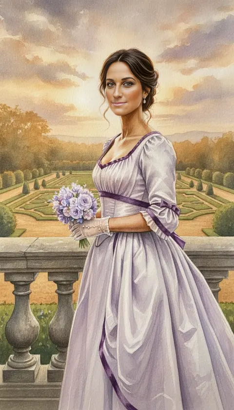 A woman in a lilac Regency gown holding flowers above a formal garden at golden hour