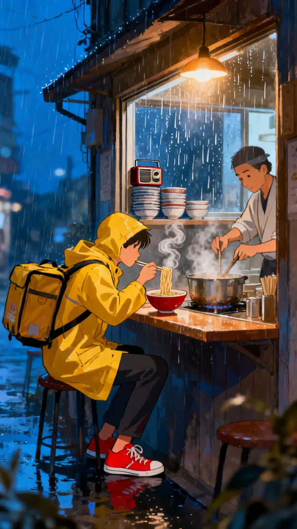 An anime-style ramen shop at midnight, with a delivery rider in a yellow raincoat eating noodles at the counter as rain streaks the window.