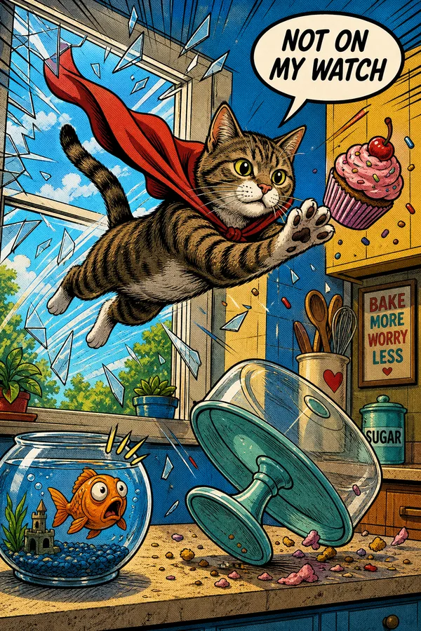 A comic book panel of a caped cat bursting through a kitchen window to catch a falling cupcake, saying Not on my watch.