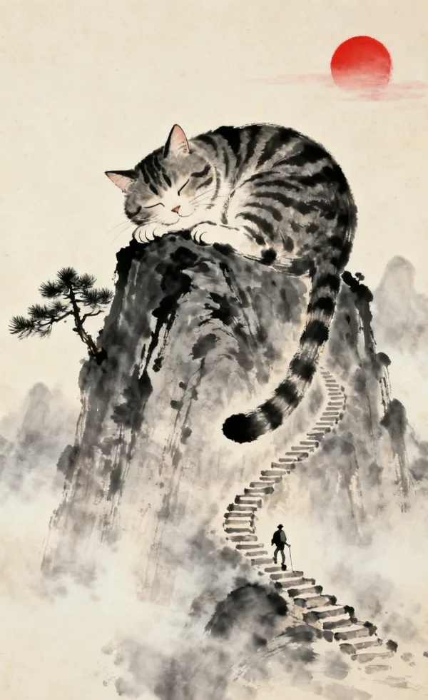 An ink painting of a giant tabby cat curled around a misty mountain peak, with a pine tree, a stone staircase and a tiny hiker.