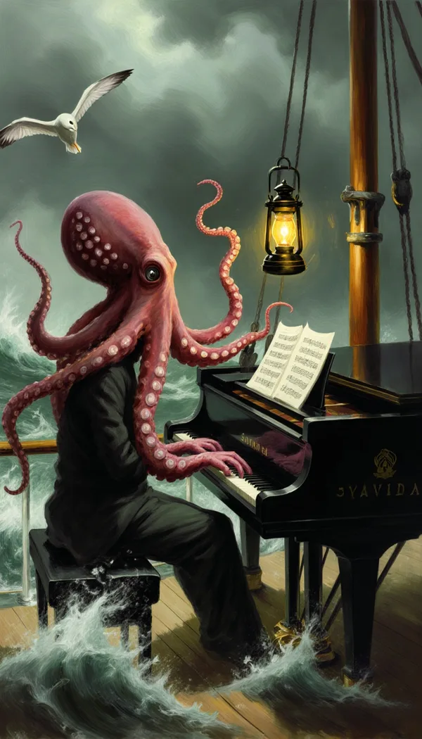 An oil painting of a giant octopus playing a grand piano on a ship's deck in a storm, with sheet music flying.