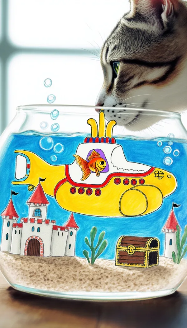 A colored pencil drawing of a goldfish in a tiny yellow submarine inside its bowl, with a cat's nose pressed to the glass.