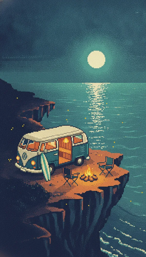 Pixel art of a camper van on a seaside cliff at night with a campfire, two chairs and a full moon over the waves.