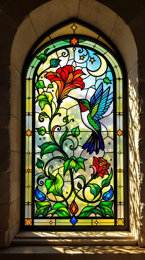 A stained glass window of a hummingbird at a trumpet flower with vines, a crescent moon and stars, glowing in afternoon sun.