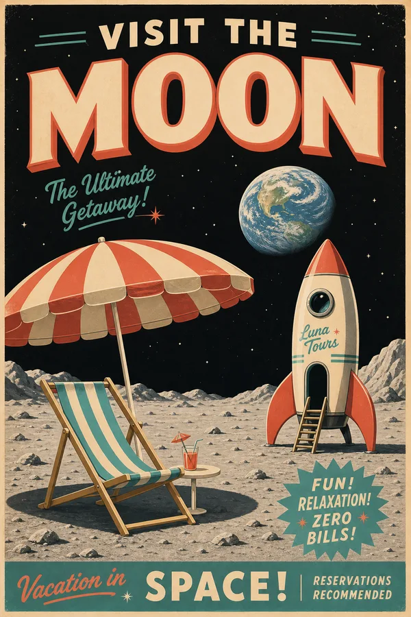 A vintage travel poster of a beach umbrella, a deck chair and a rocket on the moon with Earth in the sky, titled Visit the Moon.