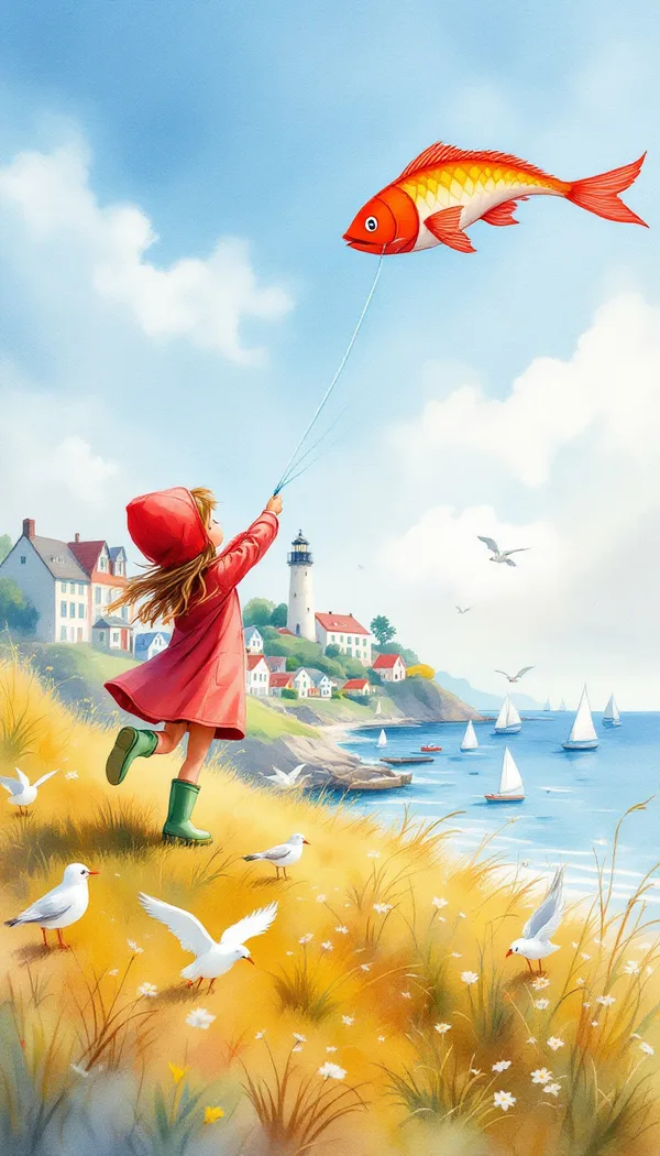 A watercolor of a girl in a red raincoat flying a fish-shaped kite on a hill above a seaside town with a lighthouse.