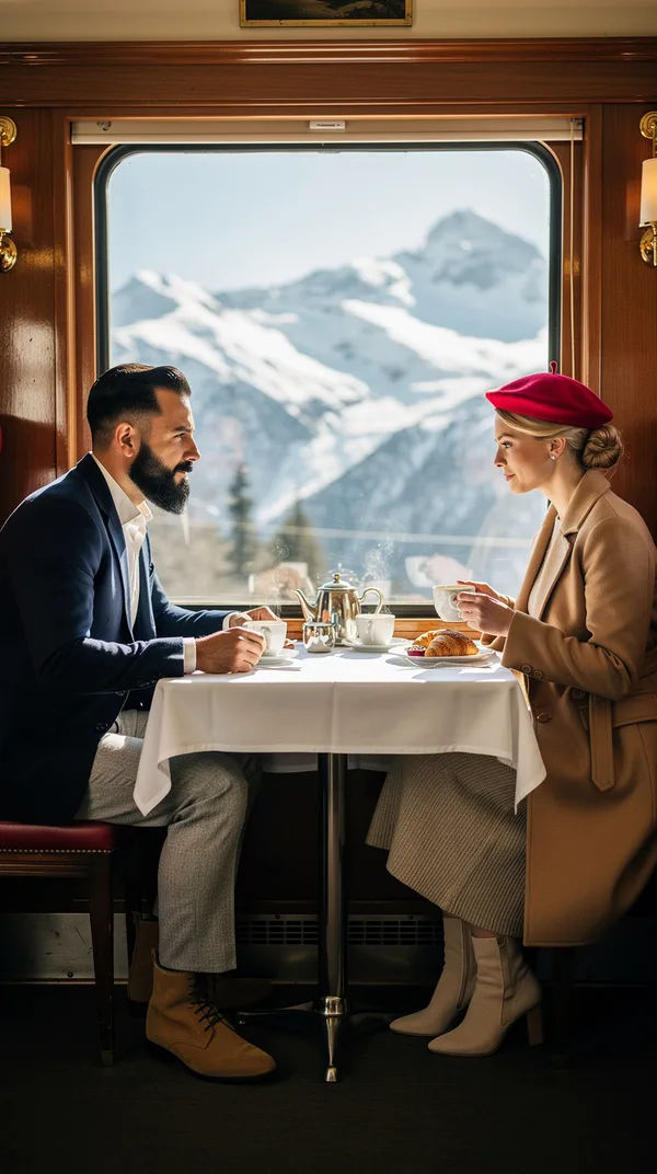 A man in a navy blazer and a woman in a camel coat and red beret having breakfast in a vintage dining car with snowy mountains outside.