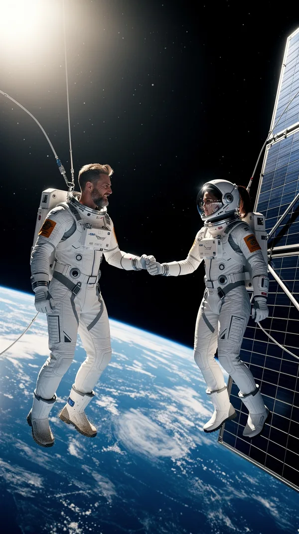 A man and a woman in white spacesuits floating hand in hand outside a space station above the Earth.