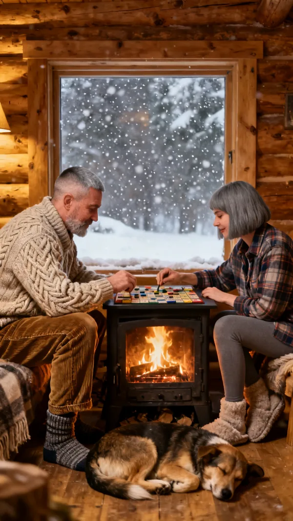 An older man and woman playing a board game by the fire in a snowy log cabin, with a sleeping dog at their feet.