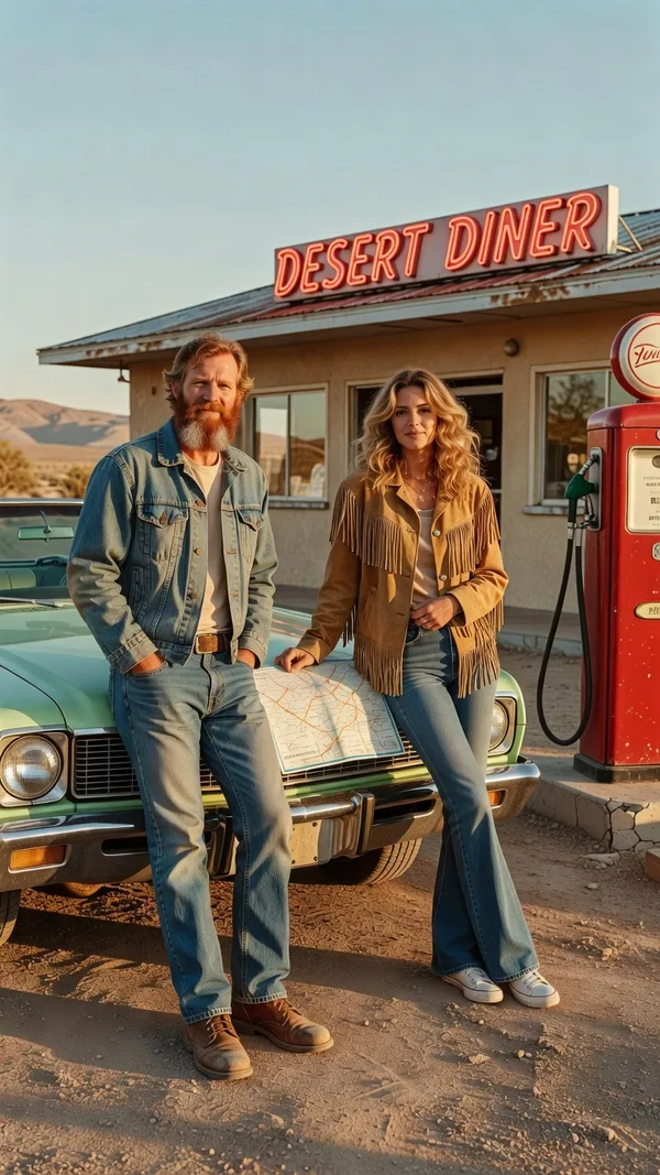 A man in a denim jacket and a woman in a suede jacket leaning on a mint-green convertible beside a desert diner.
