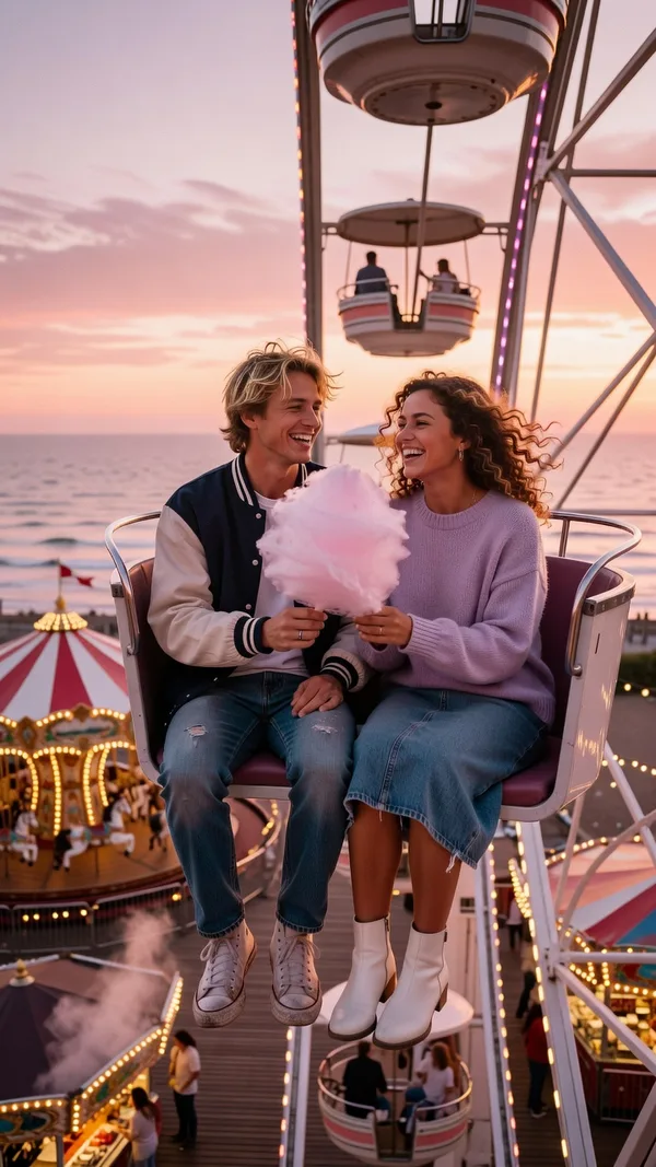 A young man and woman sharing pink cotton candy at the top of a Ferris wheel above a seaside carnival at dusk.