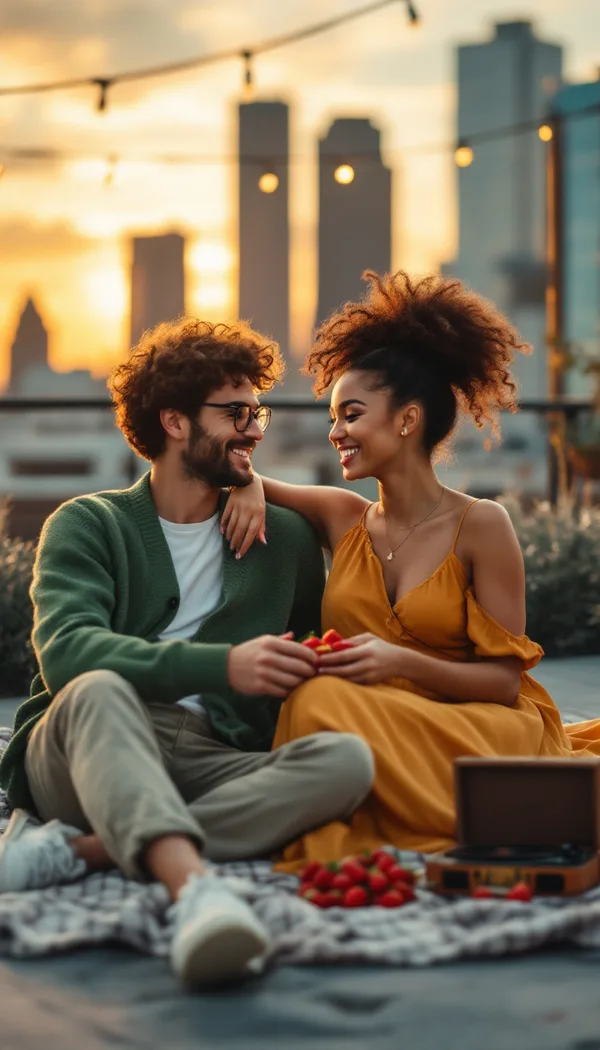 A young man in a green cardigan and a woman in a mustard sundress having a picnic on a city rooftop at golden hour.