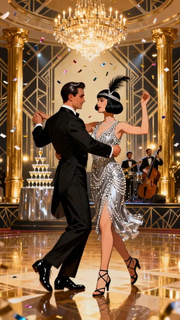 A man in a tuxedo twirling a woman in a beaded silver gown across a 1920s ballroom with gold columns and a champagne tower.