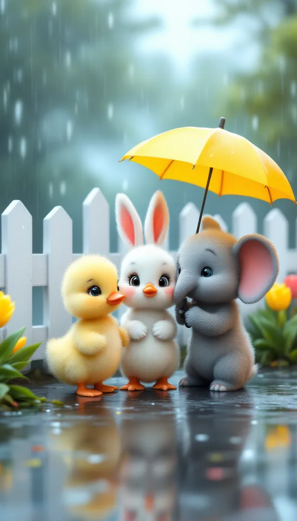 A duckling, a bunny and a baby elephant sharing a yellow umbrella in the rain beside a picket fence and tulips.