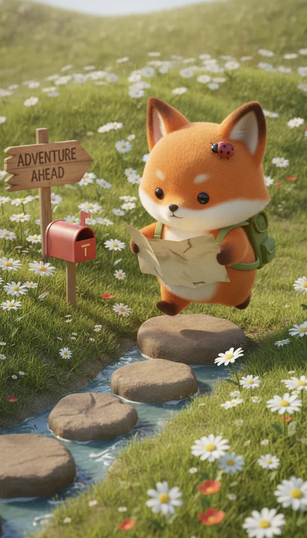 A chibi red fox with a green backpack and a map hopping across stepping stones in a daisy meadow.