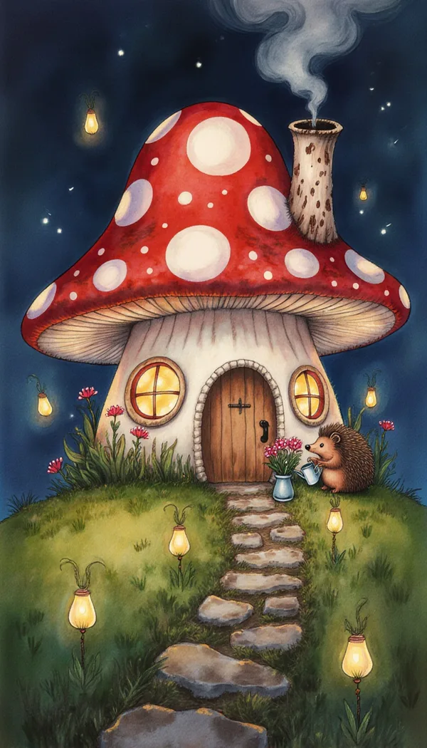 A mushroom cottage with a red spotted roof and glowing windows on a mossy hill, with a hedgehog watering flowers at dusk.