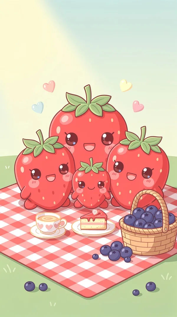 Smiling cartoon strawberries having a picnic on a gingham blanket with a teacup, cake and blueberries.