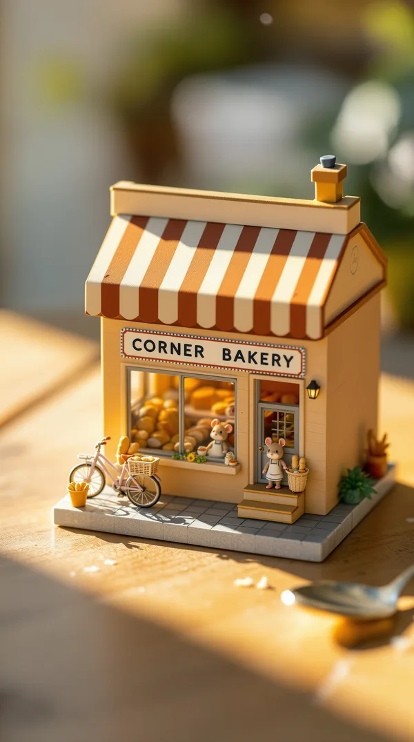 A miniature bakery diorama with a striped awning, tiny loaves and a mouse baker, next to a real teaspoon.