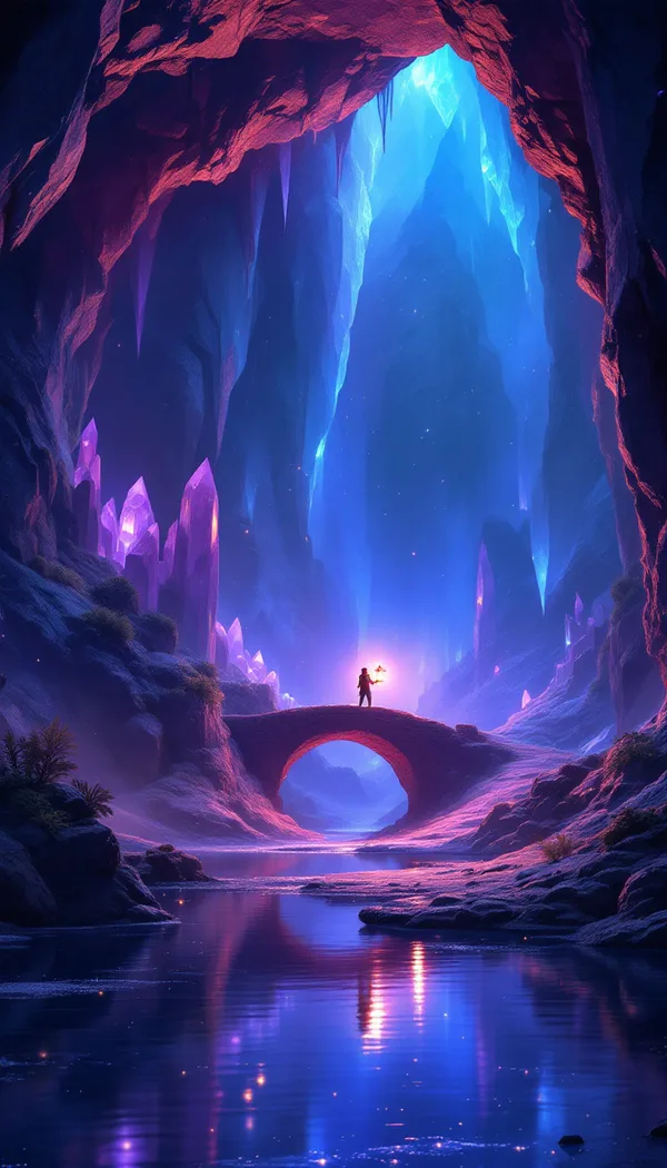 A cavern of towering violet and blue crystals around an underground lake, with a stone bridge and a tiny explorer holding a lantern.