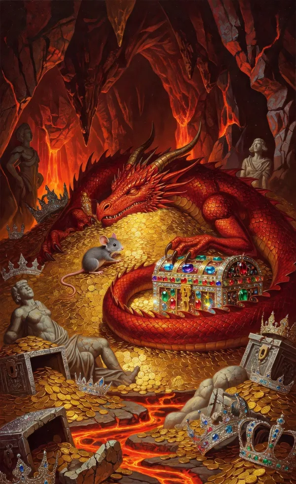 A red dragon asleep on a mountain of gold coins in a cavern with crowns, toppled statues and a stream of lava.
