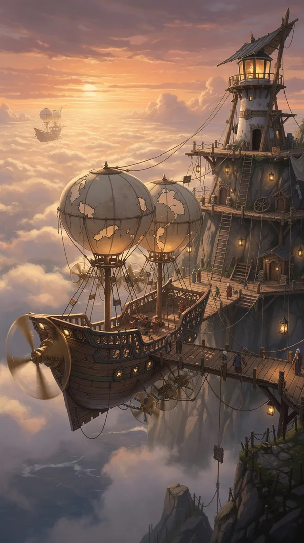 A wooden sky ship with patched canvas balloons sailing into a cliffside harbor above the clouds at sunset.