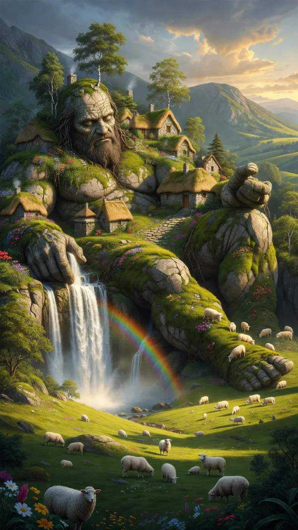 A giant stone figure asleep in a green valley, covered in moss and flowers, with a village on its shoulder and a waterfall from its hand.
