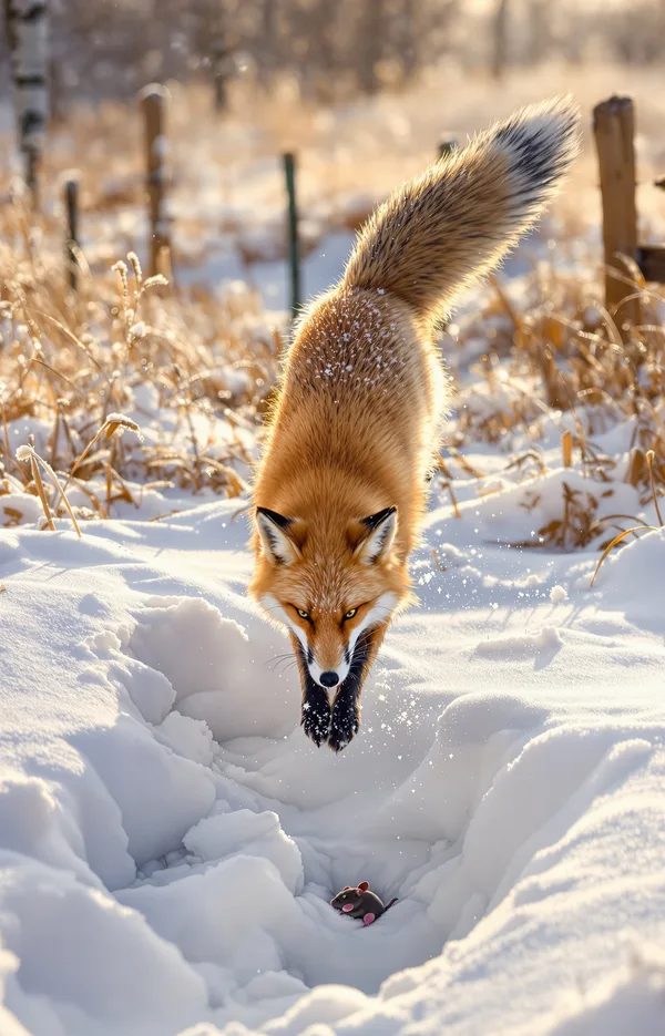 A red fox leaping headfirst into deep snow in a frosty meadow with a fence and birch trees in golden morning light.