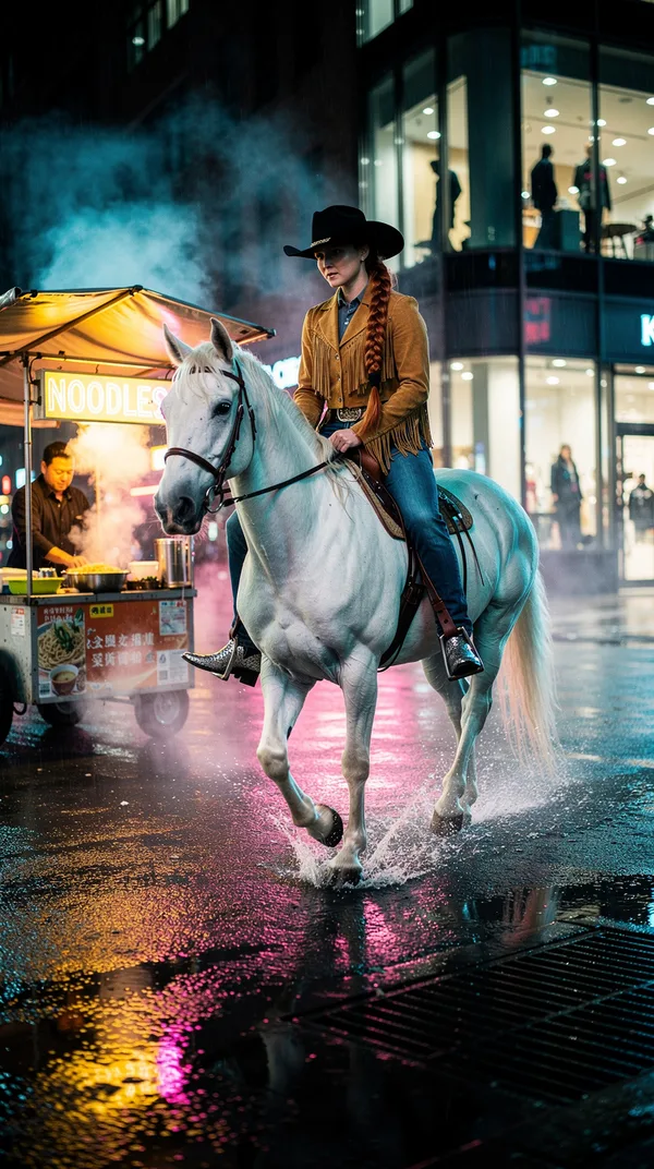 A cowgirl with a copper braid riding a white horse down a rainy neon-lit city street at night.