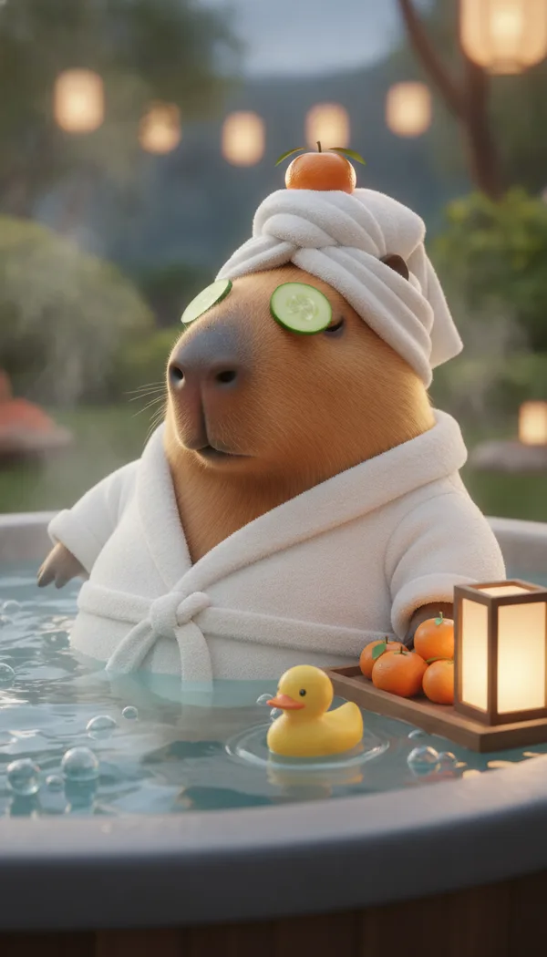 A capybara in a white bathrobe and towel turban relaxing in a steaming hot tub with cucumber slices over its eyes.