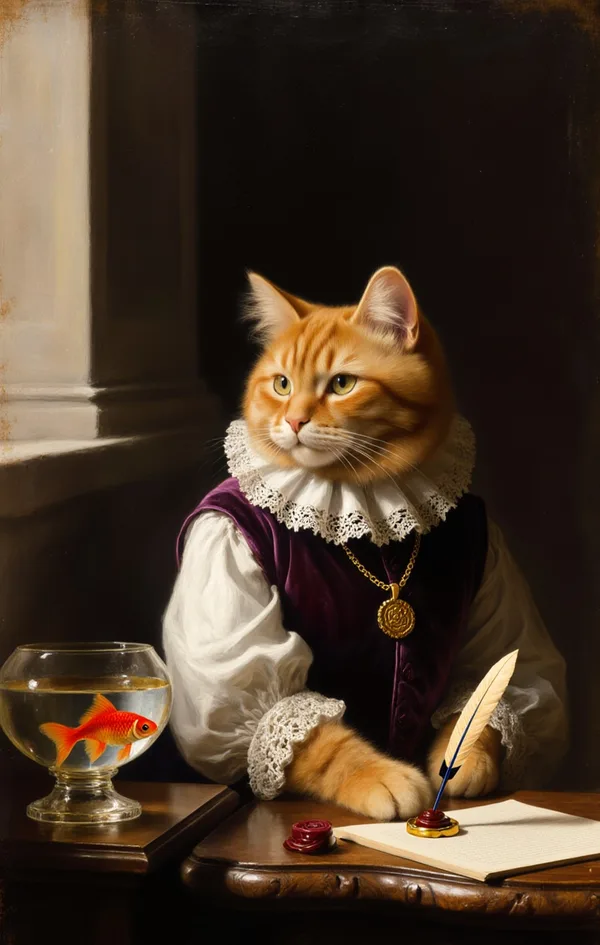 An orange cat in a lace collar and velvet doublet posed like a Renaissance noble beside a table with a quill and a goldfish bowl.