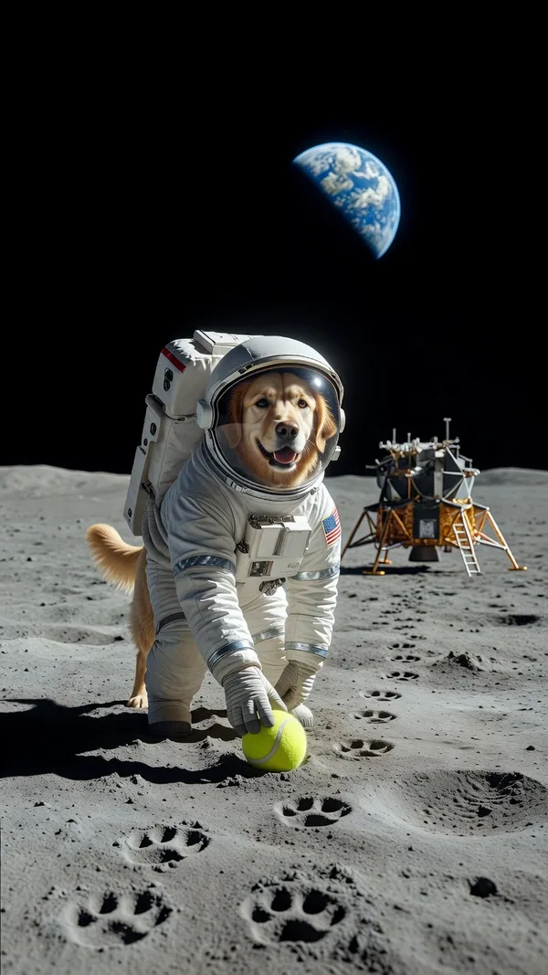 A golden retriever in a spacesuit placing a tennis ball on the moon beside a lunar lander, with Earth in the sky.