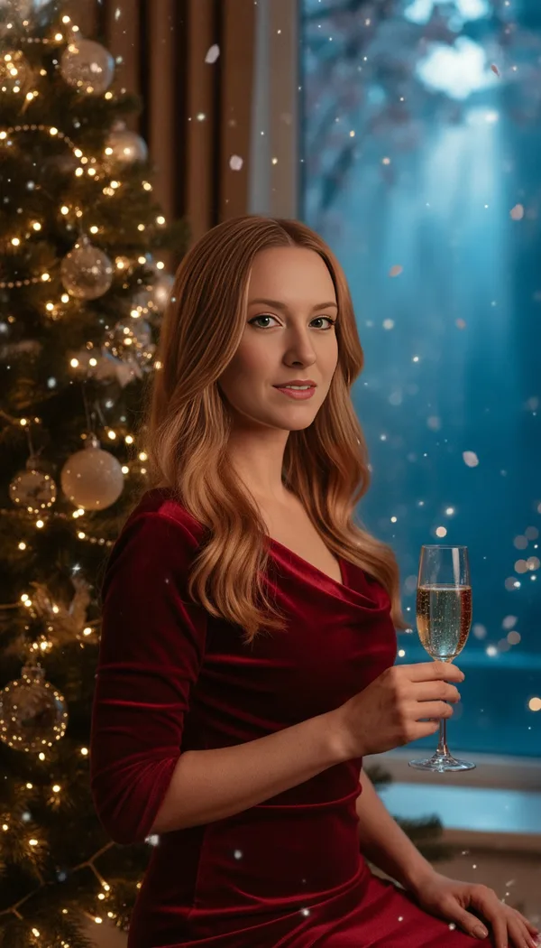 A woman in a red velvet dress holding a glass of champagne beside a sparkling Christmas tree.