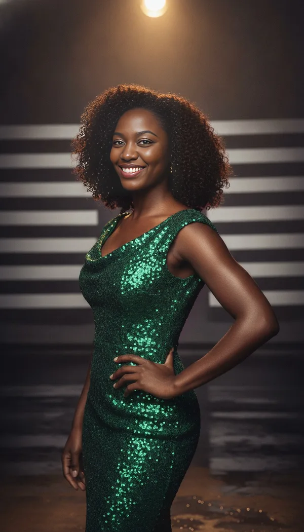 A smiling woman in a sequined emerald gown posing in a dramatic studio cover shoot.