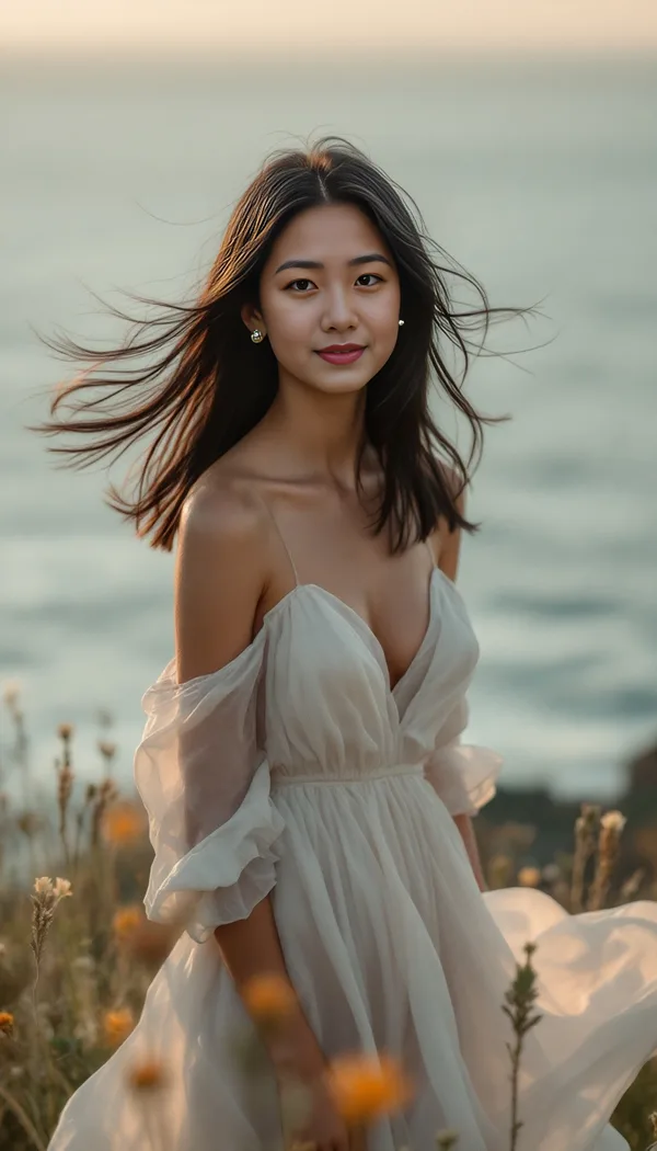 A woman in a flowing white gown on a cliff above the sea at golden hour, her hair in the wind.
