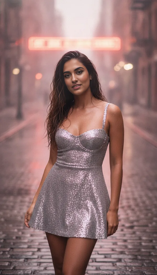 A woman in a sparkly mini dress on a rainy cobblestone street under pink neon signs.