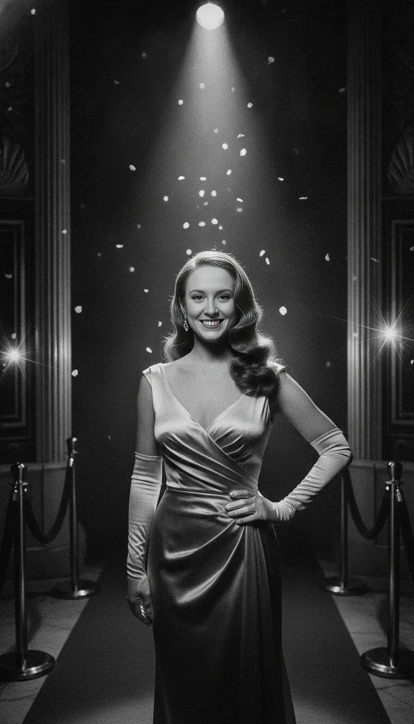 A black-and-white photo of a smiling woman in a satin gown and long gloves under a spotlight.