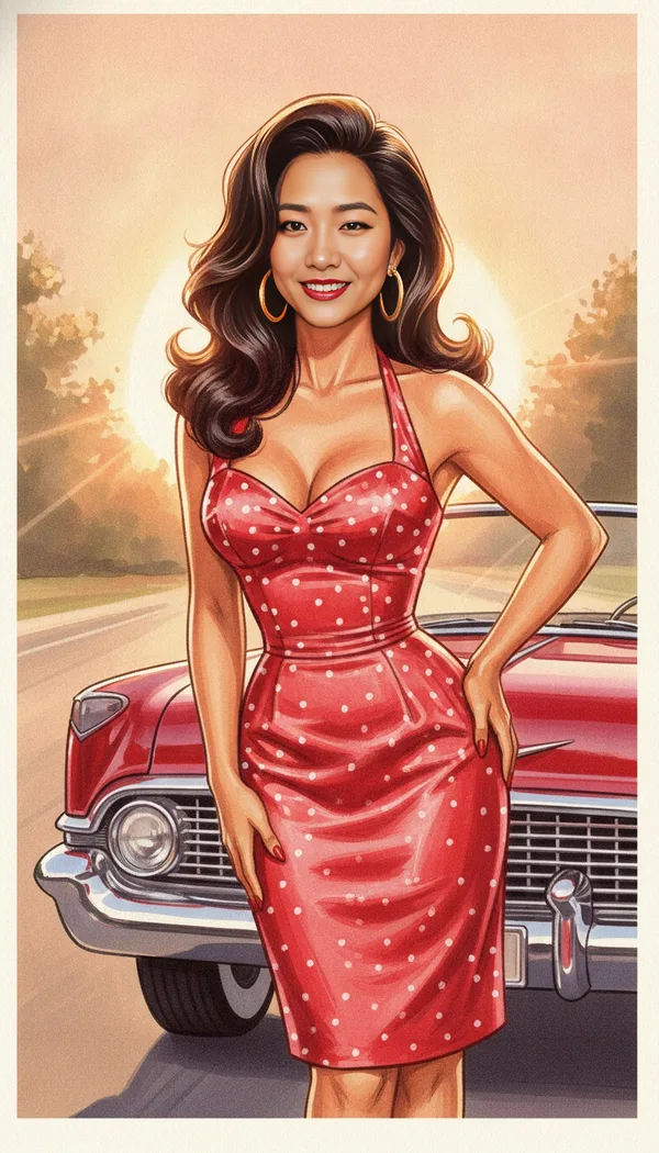 A painted 1950s pin-up of a woman in a red polka-dot halter dress beside a vintage convertible.