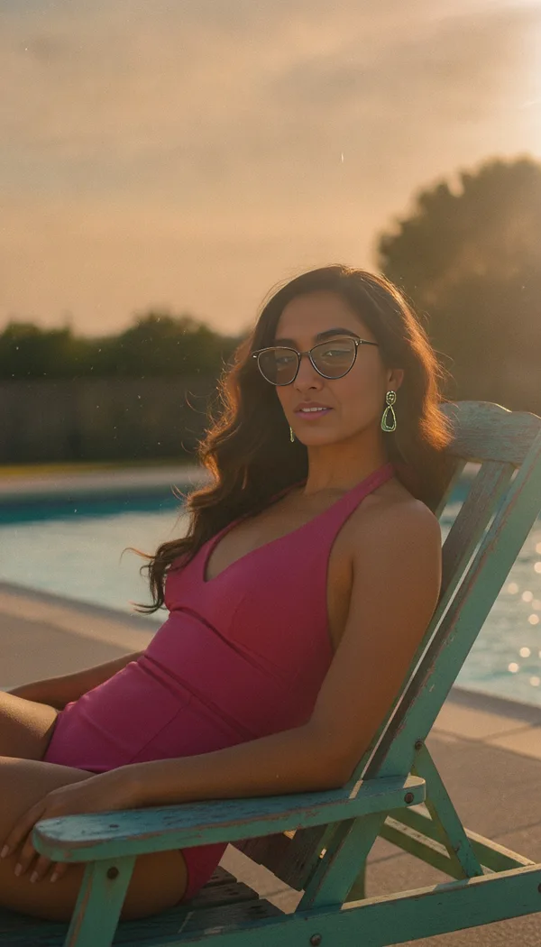 A woman in cat-eye sunglasses and a pink swimsuit lounging on a deck chair by a pool.