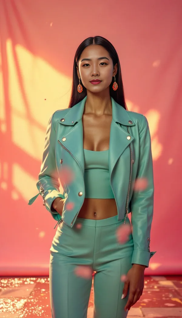 A soft glam portrait of a woman in a mint suit against a rose-pink backdrop.