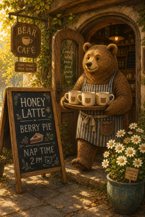 A café chalkboard menu listing honey latte, berry pie and nap time, with a bear in a striped apron carrying out mugs.