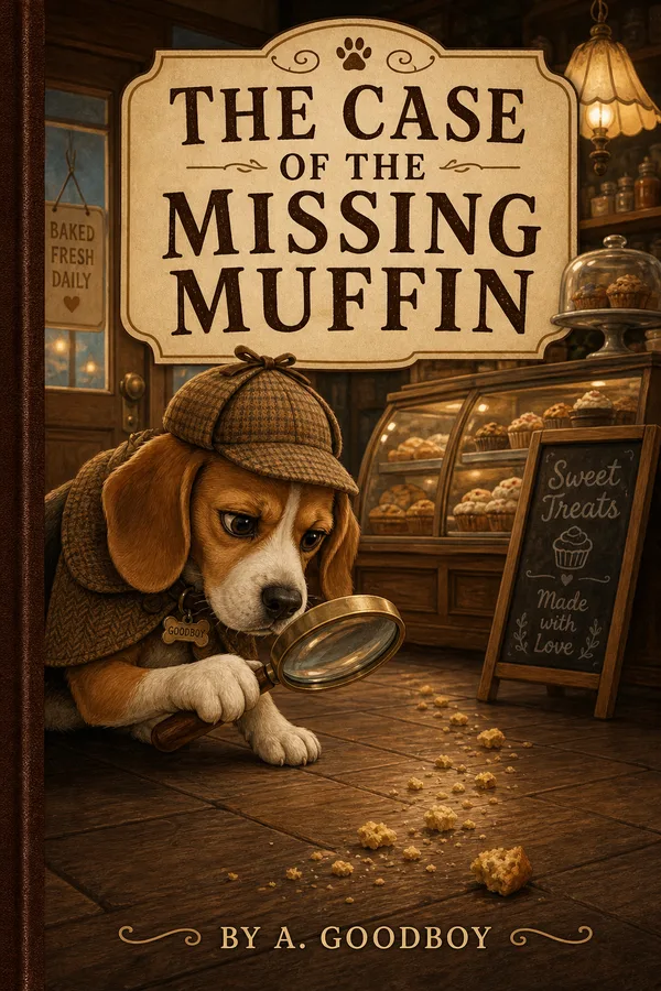 A book cover titled The Case of the Missing Muffin, with a beagle detective following a trail of crumbs with a magnifying glass.